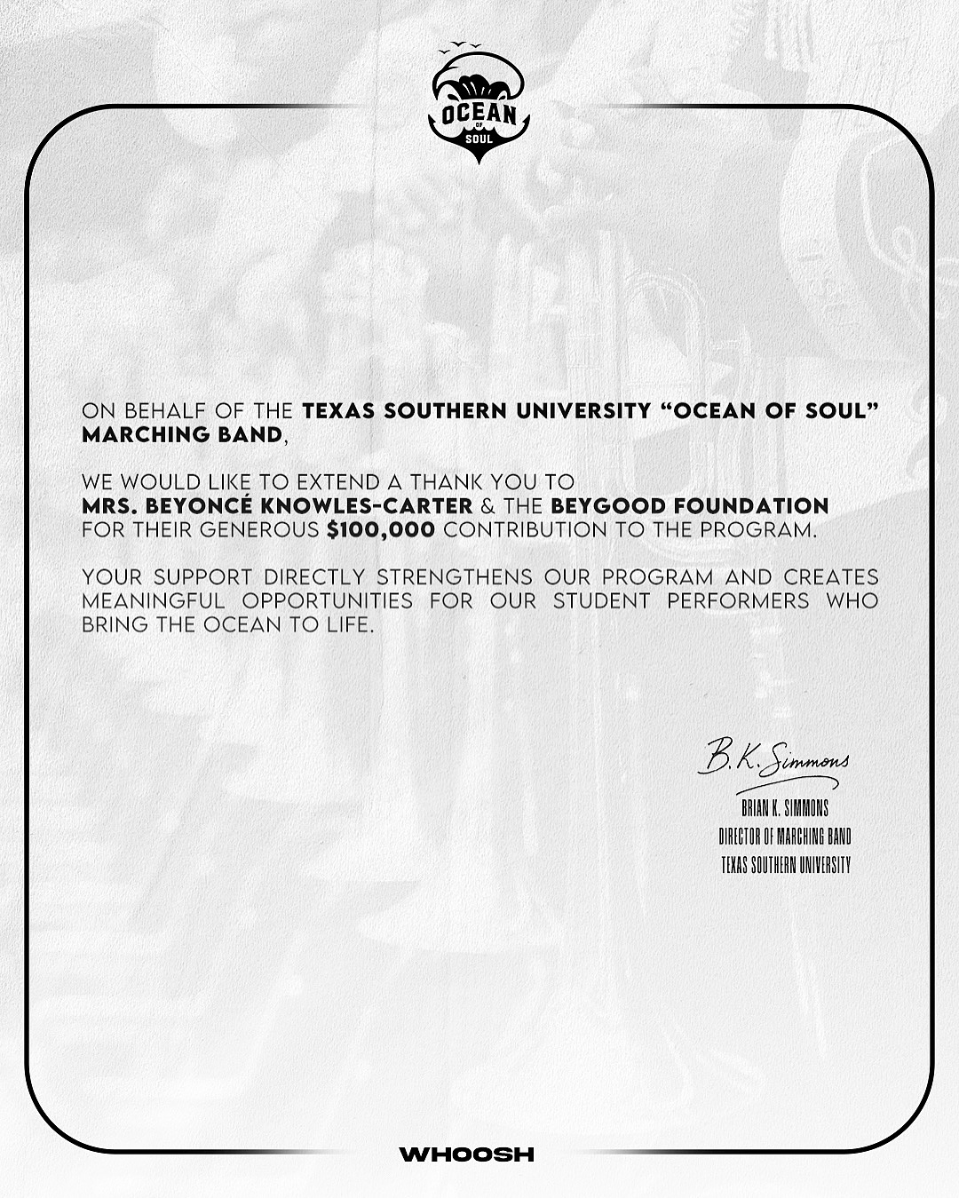Beyoncé HBCU Houston Texas Southern University Ocean of Soul Marching Band