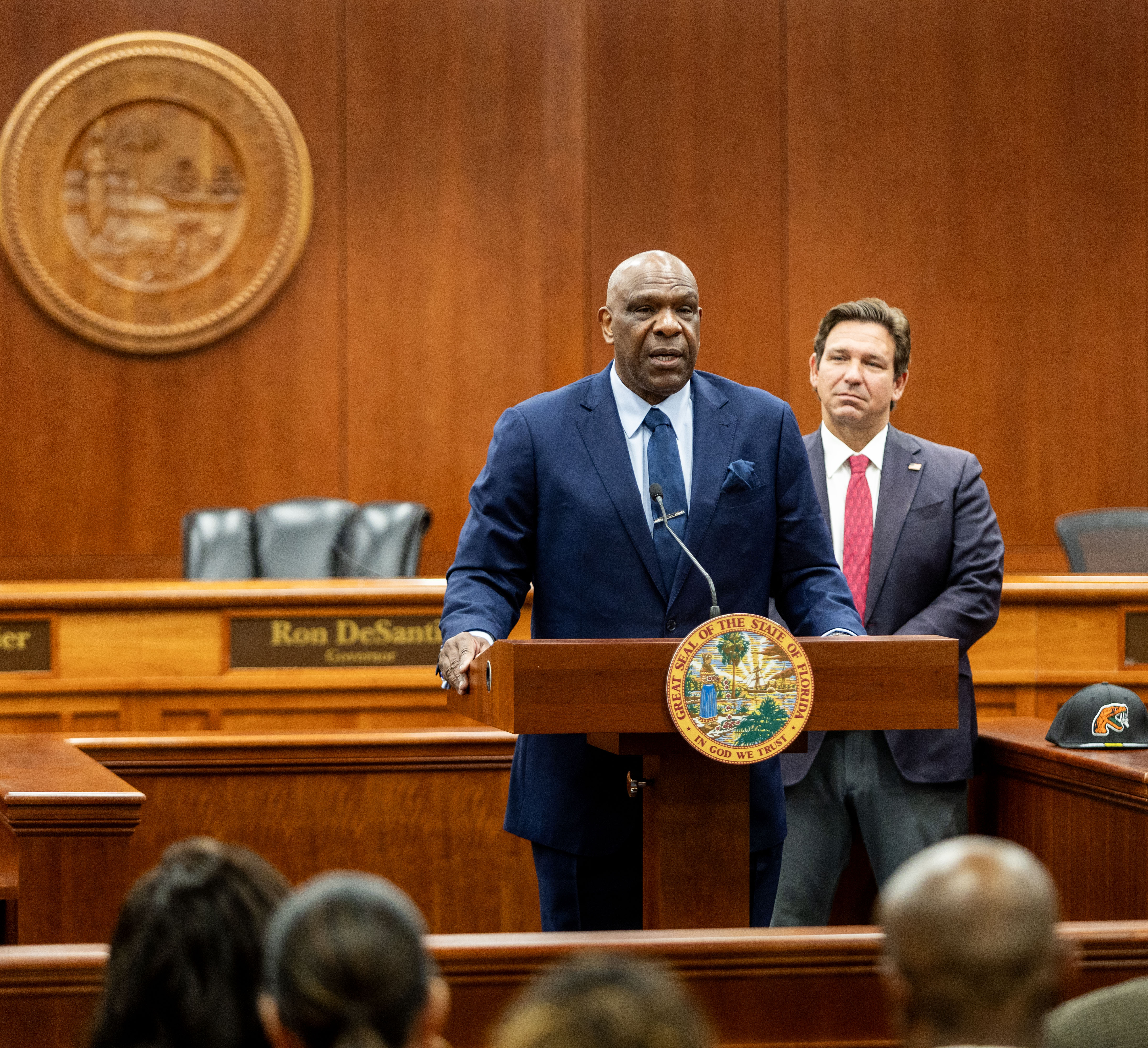Andre Dawson Speak While FLorida Governor Ron DeSantis Looks On
