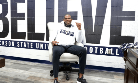 Deion Sanders with new Jackson State Under Armour gear