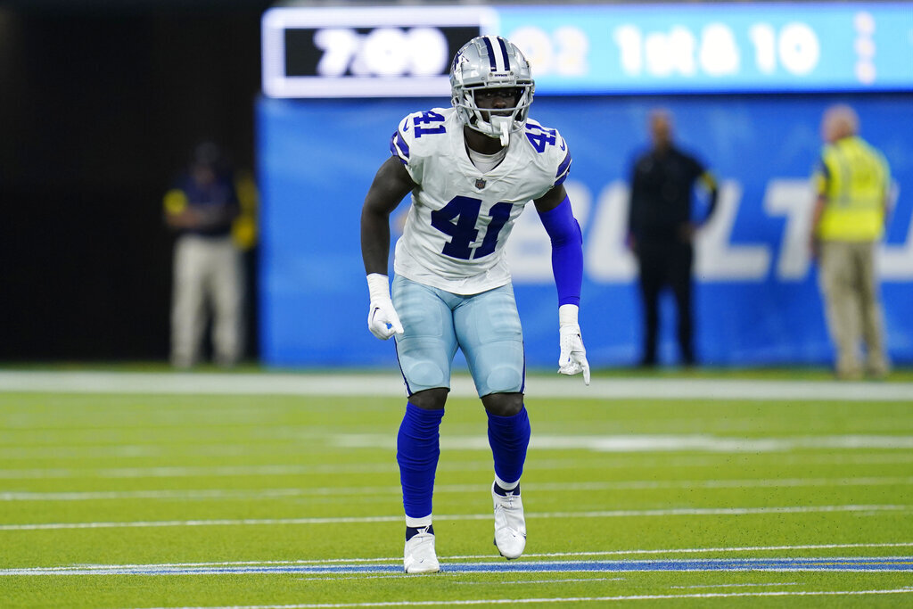 Dallas Cowboys safety Markquese Bell (41) in action during an NFL football  game against the Washington Commanders, Sunday, Oct. 2, 2022, in Arlington.  (AP Photo/Tyler Kaufman Stock Photo - Alamy