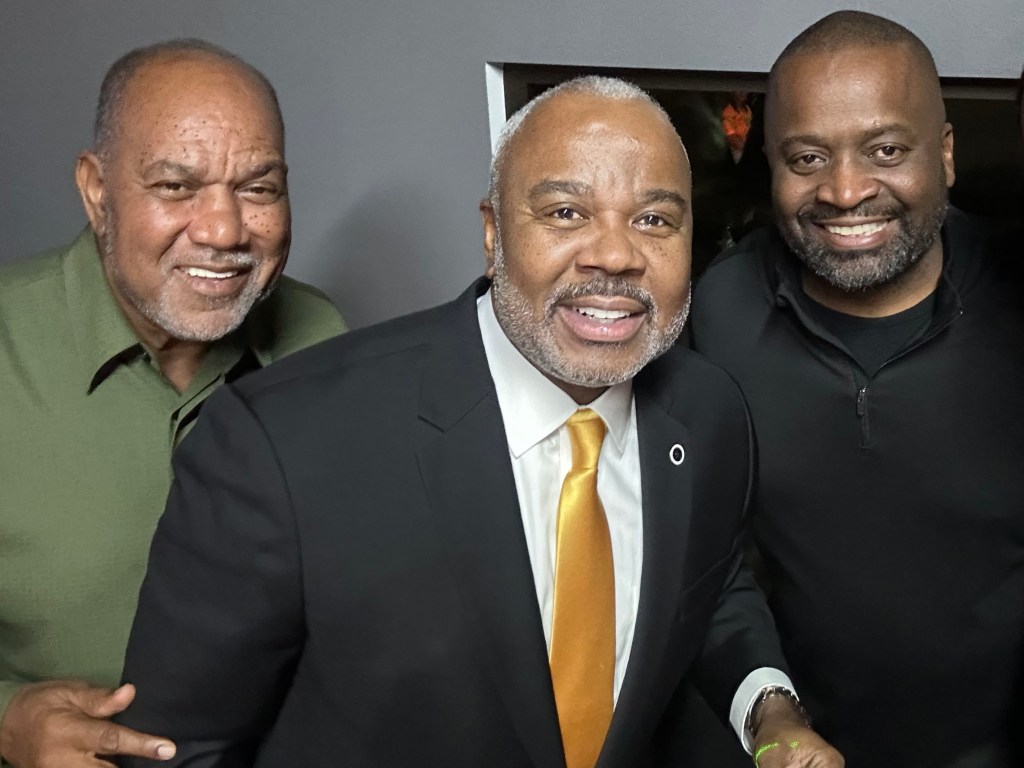 Enjoying the I-10/I-85 party, are from left: FAMU band announcer Joe Bullard, ASU president Dr. Quinton Ross and ASU VP for Institutional Advancement Col. Gregory L. Clark.
