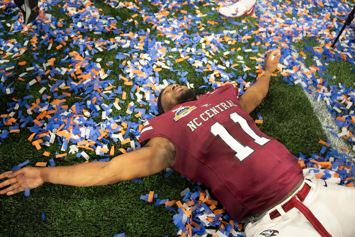 North Carolina Central celebrates 2022 Celebration Bowl win in Atlanta.