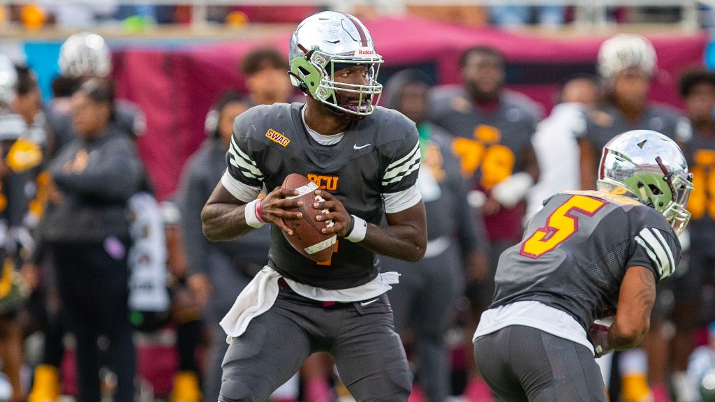 B-CU quarterback Jalon Jones drops back to pass in the Florida Blue Florida Classic