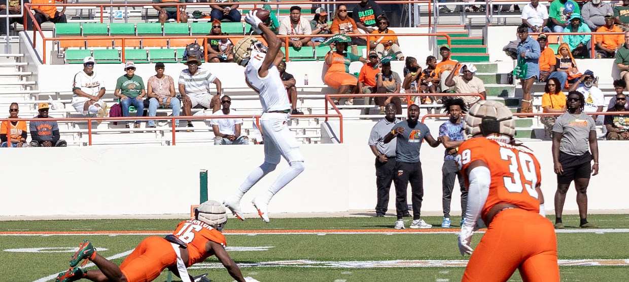 FAMU receiver Ka'Cory Jordan goes up for a reception