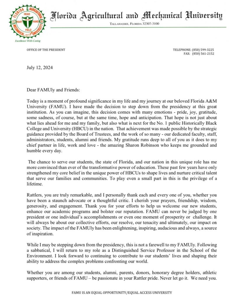 Exiting FAMU President pens heartfelt letter amid resignation - HBCU ...