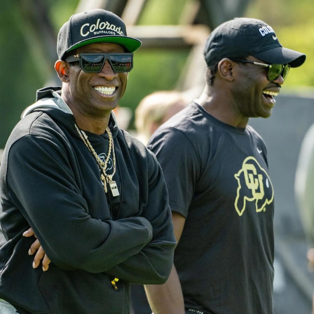 Michael Irvin and Deion Sanders, former Dallas Cowboys teammates, at Colorado football practice.