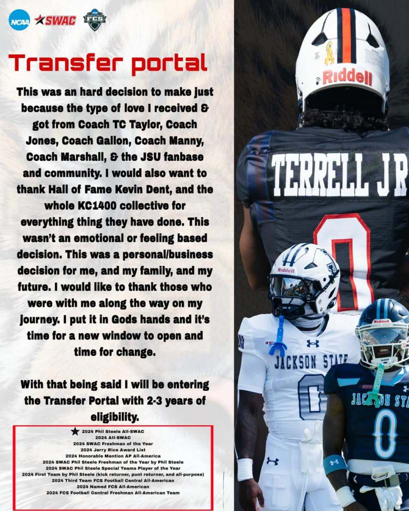HBCU Football NCAA Transfer Portal Jackson State Travis Terrell 