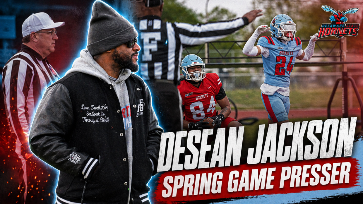 DeSean Jackson coaches Delaware State Hornets during 2026 HBCU spring football practice