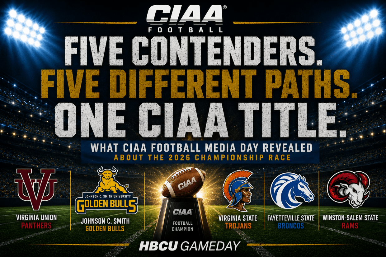Featured graphic showing a football stadium under the lights with the headline "Five Contenders. Five Different Paths. One CIAA Title." illustrating the 2026 CIAA football championship race.