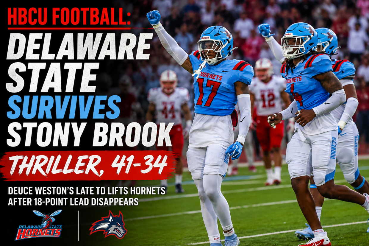 HBCU football Delaware State players celebrate 41-34 win over Stony Brook
