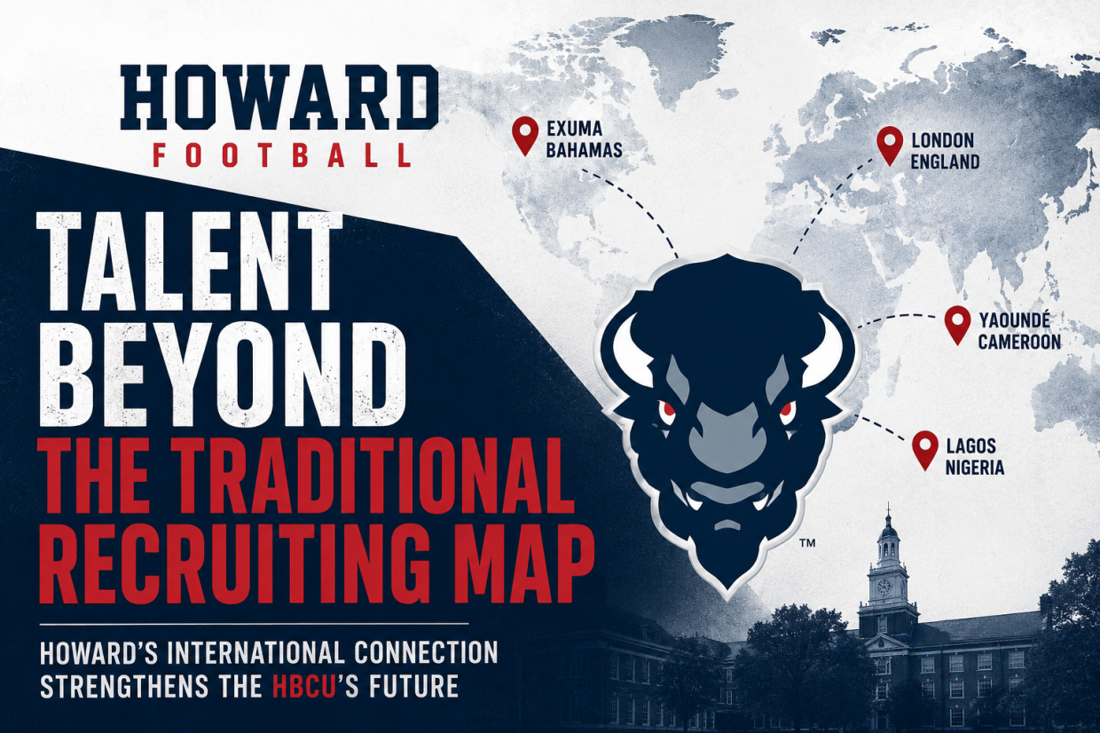 Howard football graphic showing international connections from the Bahamas, Cameroon, Nigeria and England to the HBCU in Washington, D.C.