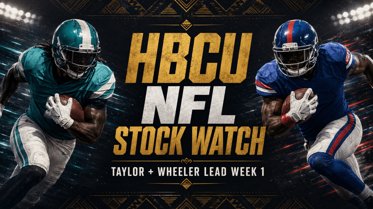 HBCU NFL Stock Watch graphic featuring two illustrated helmeted running backs in teal and blue uniforms alongside a Taylor and Wheeler Week 1 headline.
