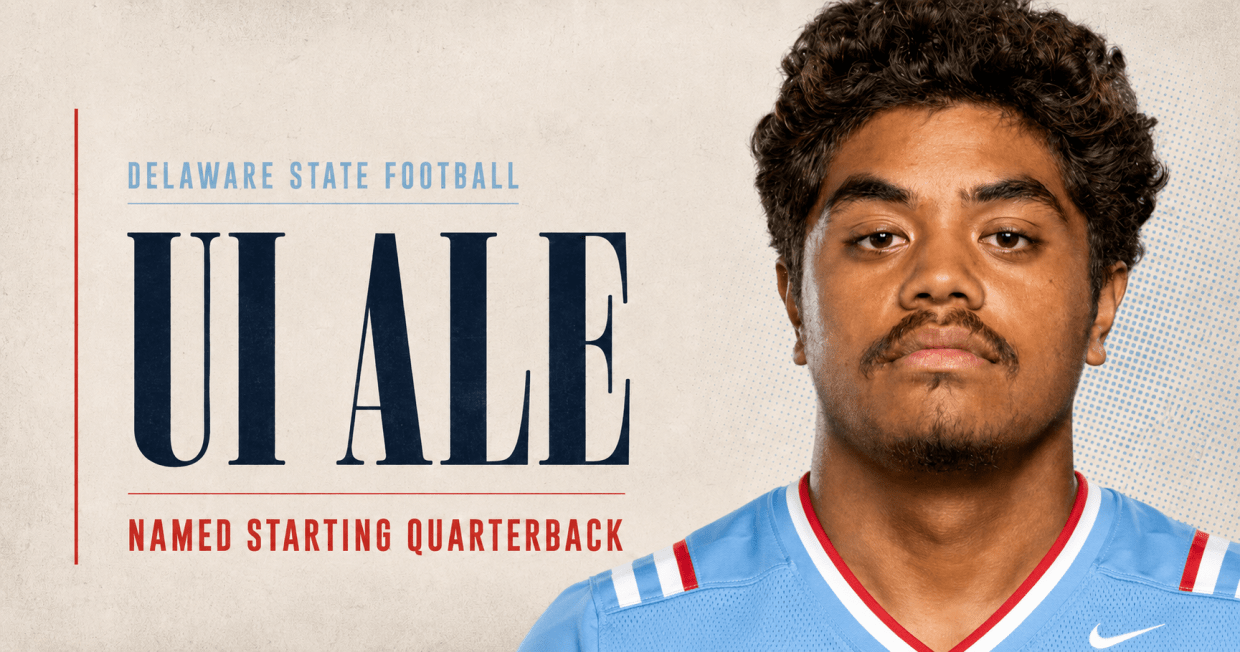Delaware State quarterback Ui Ale prepares for the Hornets’ 2026 opener against Stony Brook.