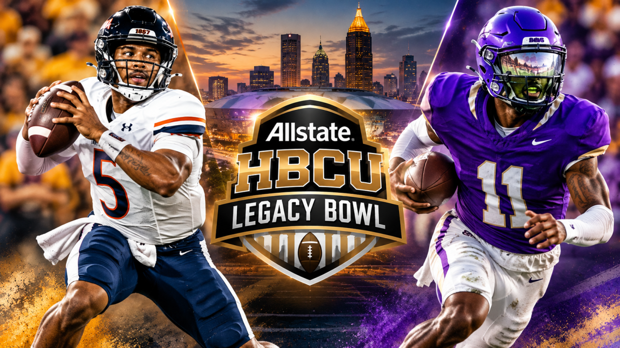 Morgan State quarterback Cameron Edge and Alcorn State quarterback Jaylon Tolbert featured alongside the 2027 HBCU Legacy Bowl logo