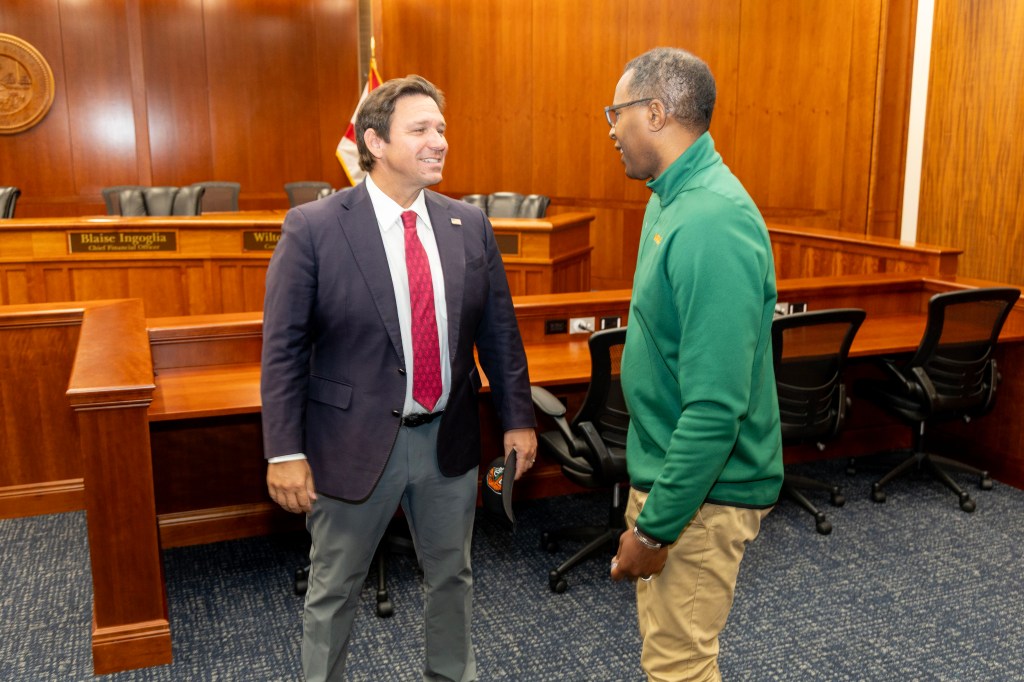 Governor Ron DeSantis Chats With FAMu Basketball Coach Charlie Ward